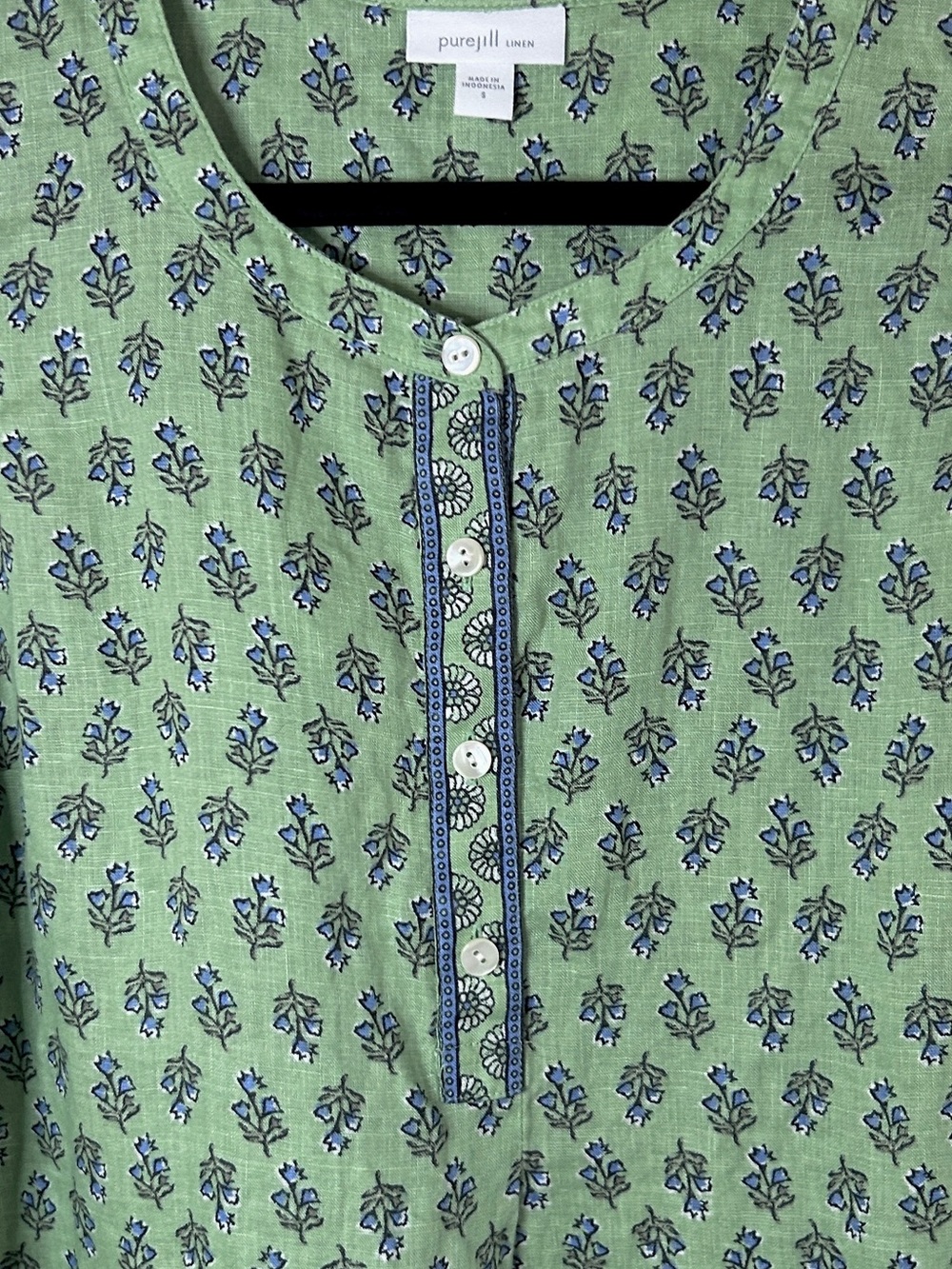 Pure Jill Linen Botanical Block Print Sleeveless Henley Blouse Relaxed Cottage S - Picture 4 of 12